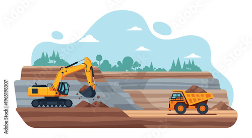 Modern vector illustration of open pit mining site with excavators and heavy dump trucks transporting ore, large-scale mineral extraction and industrial production concept