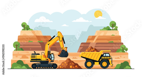 Modern vector illustration of open pit mining site with excavators and heavy dump trucks transporting ore, large-scale mineral extraction and industrial production concept
