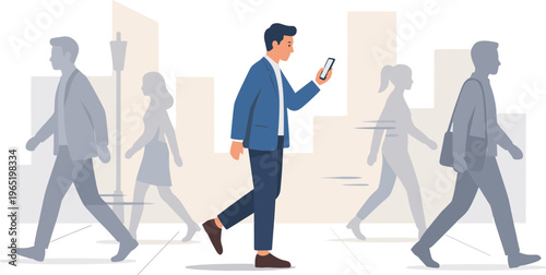 People walk down a city street while one man checks his phone.