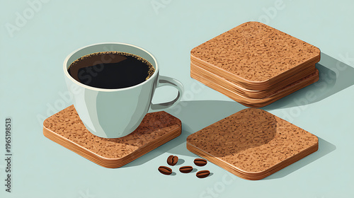 Coffee cup on cork coasters with beans and shadows