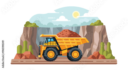 Modern vector illustration of heavy mining dump truck loaded with ore in quarry environment, industrial transport concept