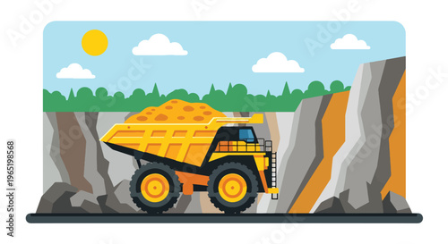 Modern vector illustration of heavy mining dump truck loaded with ore in quarry environment, industrial transport concept