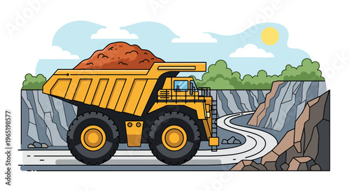 Modern vector illustration of heavy mining dump truck loaded with ore in quarry environment, industrial transport concept