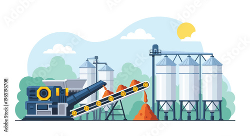 Modern vector illustration of mining processing plant with crusher machine and conveyor belt system, mineral refining and industrial manufacturing concept