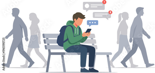 Man sits on bench using phone while people walk by