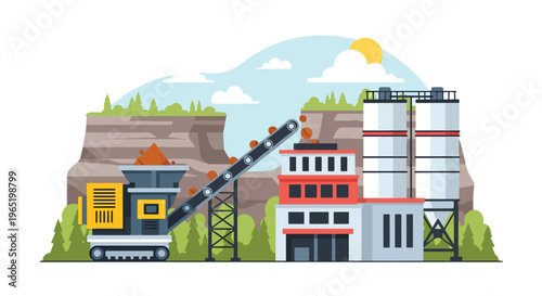 Modern vector illustration of mining processing plant with crusher machine and conveyor belt system, mineral refining and industrial manufacturing concept
