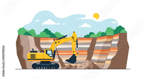 Heavy excavator digging layered soil in open pit mining site, detailed earth cross section showing geology strata, flat vector illustration of construction, industry and excavation process