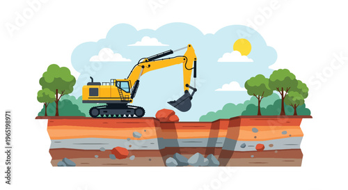 Heavy excavator digging layered soil in open pit mining site, detailed earth cross section showing geology strata, flat vector illustration of construction, industry and excavation process