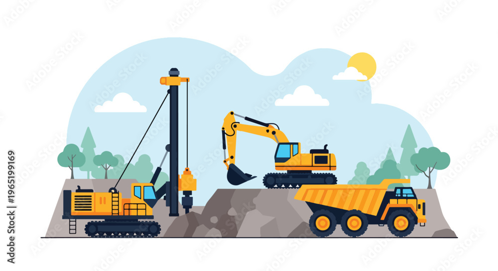 Εκτύπωση καμβά Flat style vector illustration of mining drilling rig blasting rock with explosi
