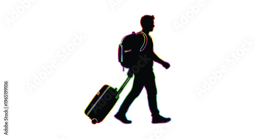 A bold black silhouette captures a male traveler walking purposefully, pulling a wheeled suitcase, and carrying a backpack, embodying readiness for an exciting journey, a business trip, or a return ho