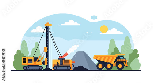 Flat style vector illustration of mining drilling rig blasting rock with explosion effect and dump truck loading materials, industrial extraction process in open pit quarry site