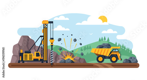 Flat style vector illustration of mining drilling rig blasting rock with explosion effect and dump truck loading materials, industrial extraction process in open pit quarry site