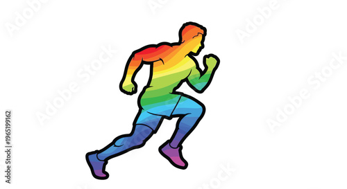 An energetic human figure is depicted running swiftly with an athletic stride, beautifully rendered with a striking rainbow gradient that symbolizes diversity, inclusion, and the vibrant spirit of the