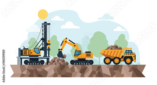 Flat style vector illustration of mining drilling rig blasting rock with explosion effect and dump truck loading materials, industrial extraction process in open pit quarry site