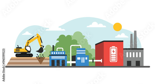 Flat style vector illustration of mining processing plant with conveyor systems, storage tanks and industrial buildings, showing material handling and production workflow