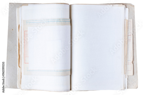 Fotografie Open vintage ledger book file folder with blank aged pages and sales receipts is