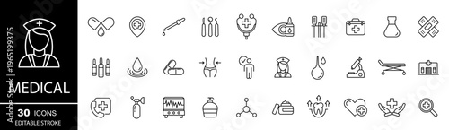 Medicine and Health icon.  Medical care service symbol collection. Editable stroke. Vector illustration