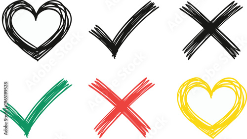 A set of six symbols including hearts and checkmarks