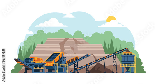 Flat style vector illustration of mining crusher machine with conveyor belt transporting crushed materials, industrial processing system in quarry environment