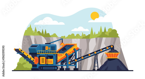 Flat style vector illustration of mining crusher machine with conveyor belt transporting crushed materials, industrial processing system in quarry environment