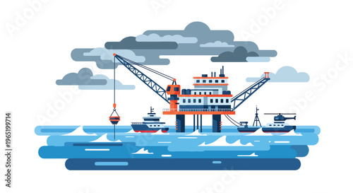 Flat style vector illustration of offshore oil platform with crane and supply vessel in ocean, representing petroleum extraction and energy industry operations