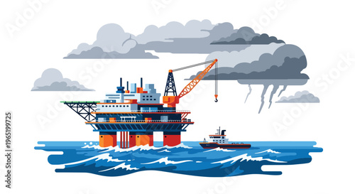 Flat style vector illustration of offshore oil platform with crane and supply vessel in ocean, representing petroleum extraction and energy industry operations