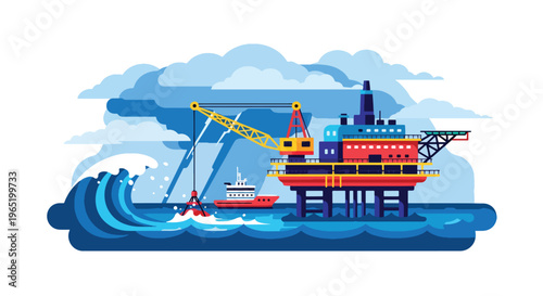 Flat style vector illustration of offshore oil platform with crane and supply vessel in ocean, representing petroleum extraction and energy industry operations