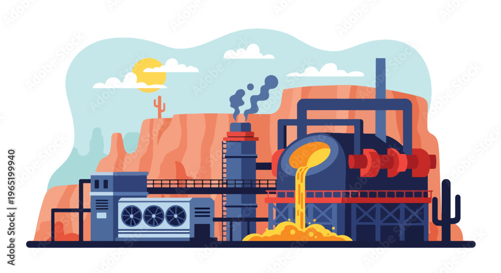 Εκτύπωση καμβά Flat style vector illustration of metal smelting plant with furnace pouring molt