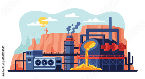 Flat style vector illustration of metal smelting plant with furnace pouring molten material, industrial metallurgy process and heavy manufacturing environment