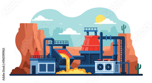 Flat style vector illustration of metal smelting plant with furnace pouring molten material, industrial metallurgy process and heavy manufacturing environment