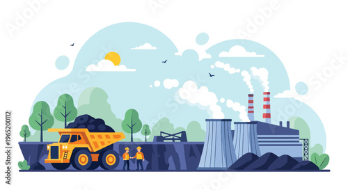 Flat style vector illustration of coal mining workers loading materials with truck and power plant in background, representing energy production and mining labor