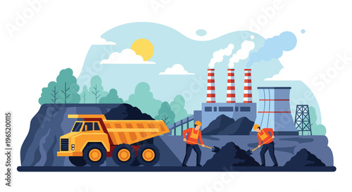 Flat style vector illustration of coal mining workers loading materials with truck and power plant in background, representing energy production and mining labor