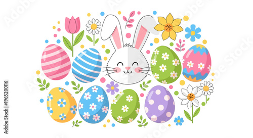Vibrant Easter Celebration with Adorned White Rabbit Surrounded by Colorful Eggs Flowers and Whimsical Decorations