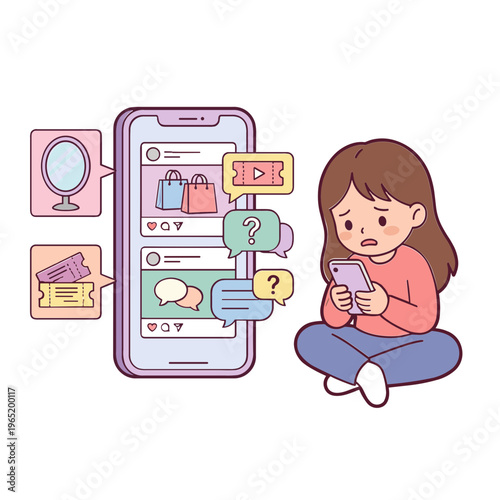 A woman sits cross-legged on the floor, shocked while browsing social media on her smartphone with various shopping icons and messages floating around.