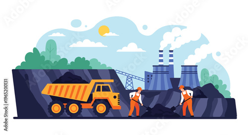 Flat style vector illustration of coal mining workers loading materials with truck and power plant in background, representing energy production and mining labor