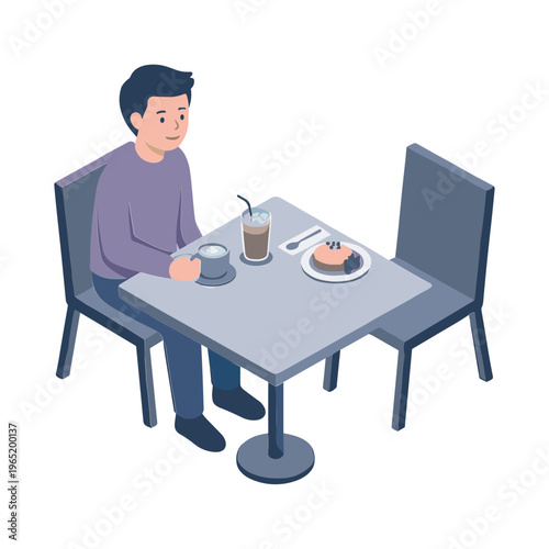 A man sits alone at a table eating breakfast indoors