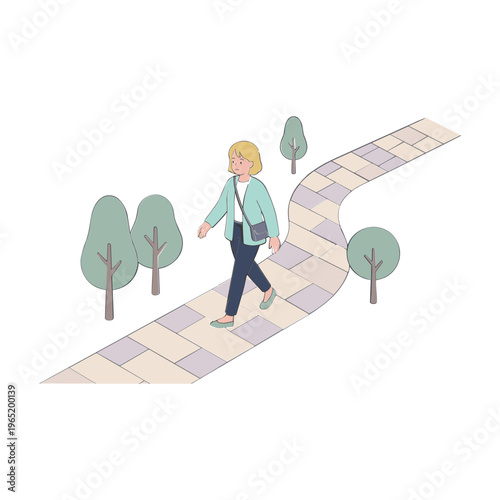 A woman walks alone on a winding path through a park with trees.