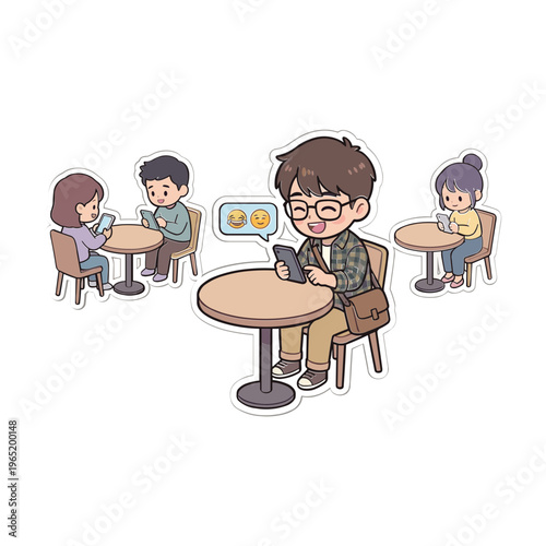 People sit at separate tables in a cafe chatting and using devices