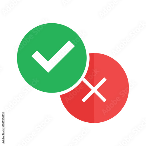 Green Check Mark and Red Cross Symbol Icons for Choice Success or Failure Flat Vector Illustration