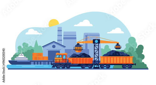 Flat style vector illustration of mining train transporting ore with conveyor system into industrial facility, showcasing resource logistics and extraction workflow