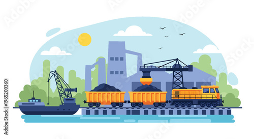 Flat style vector illustration of mining train transporting ore with conveyor system into industrial facility, showcasing resource logistics and extraction workflow