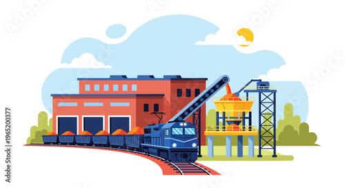 Flat style vector illustration of mining train transporting ore with conveyor system into industrial facility, showcasing resource logistics and extraction workflow