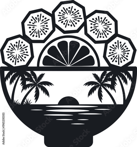 Acaibowl silhouette with tropical fruit slices and palm tree sunset scenery vector illustration icon