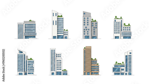 Diverse modern city skyline elements green architectural designs set