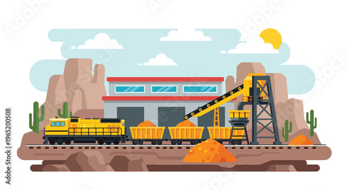 Flat style vector illustration of mining train transporting ore with conveyor system into industrial facility, showcasing resource logistics and extraction workflow
