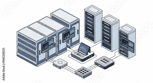 Isometric illustration of computer server network.