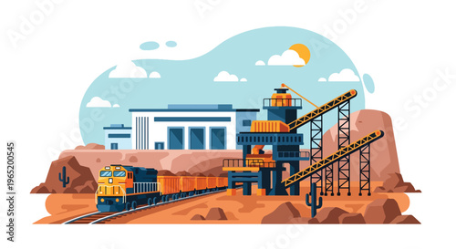 Flat style vector illustration of mining train transporting ore with conveyor system into industrial facility, showcasing resource logistics and extraction workflow