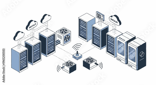Servers and devices connected wirelessly in a network.