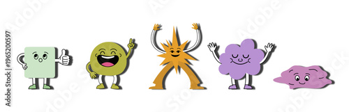 A collection of five cute and colorful cartoon characters with distinct shapes and expressions.