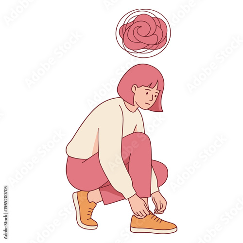 A woman crouches down to tie her shoes with a pink swirl above her head.